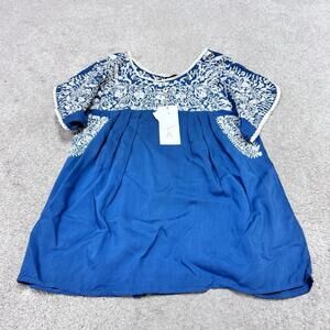 Buddy Love Blouse Women’s Blue Ivory Floral Embroidered Short Sleeve Small NWT